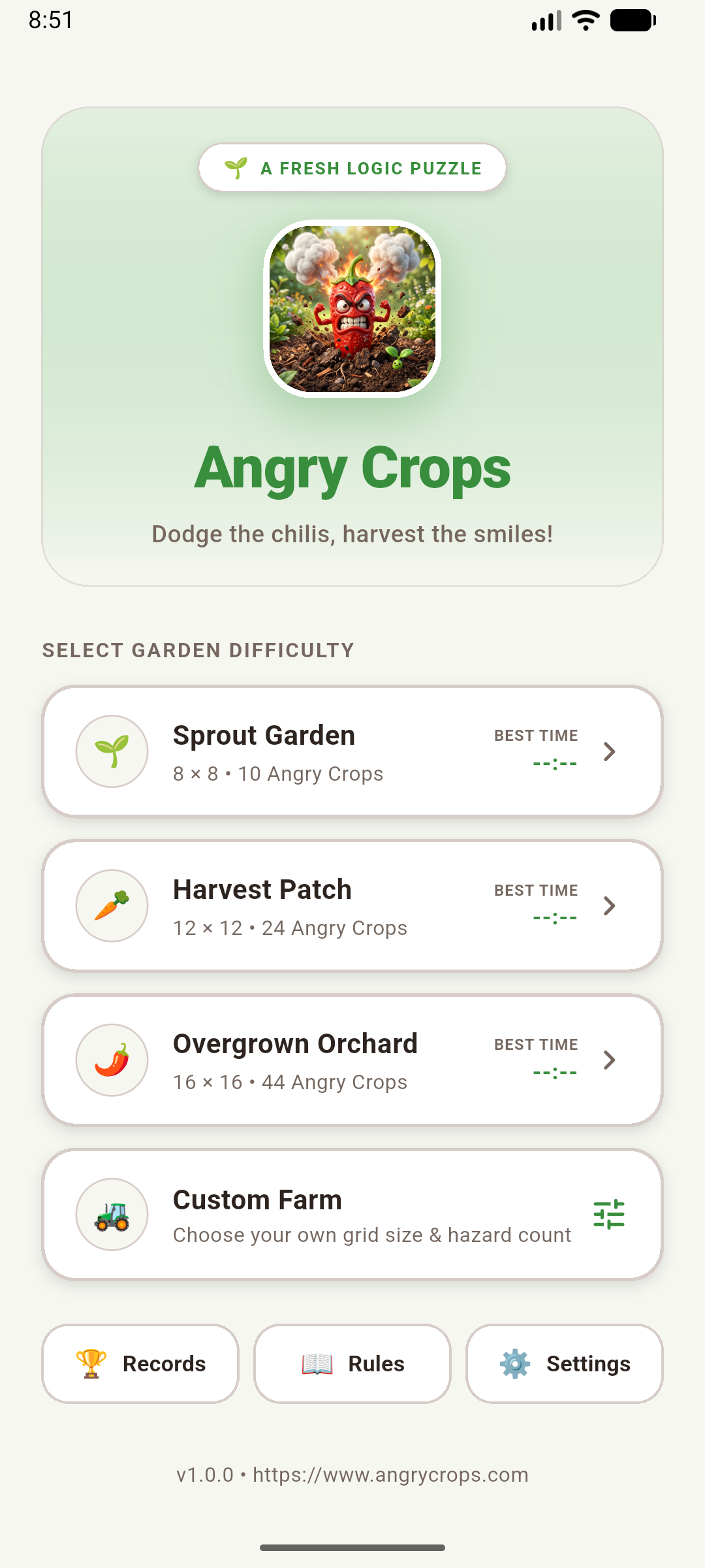 Angry Crops Main Menu